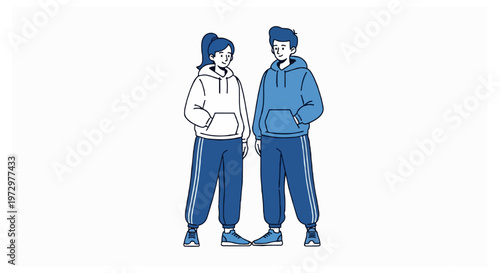 A woman wearing a white hoodie and a man wearing a blue hoodie are standing side by side in matching navy blue track pants on white.