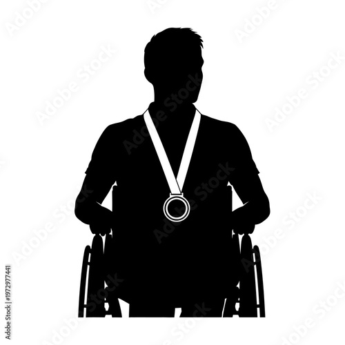 Silhouette of a Wheelchair Athlete Wearing Medal, Portrait of Champion and Determination