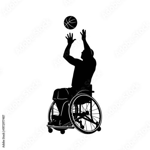 Silhouette of a Wheelchair Basketball Player Shooting Hoop, Athletic Precision and Action