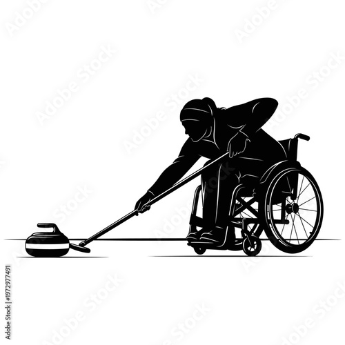 Silhouette of a Wheelchair Curling Athlete with Delivery Stick, Winter Sports Precision