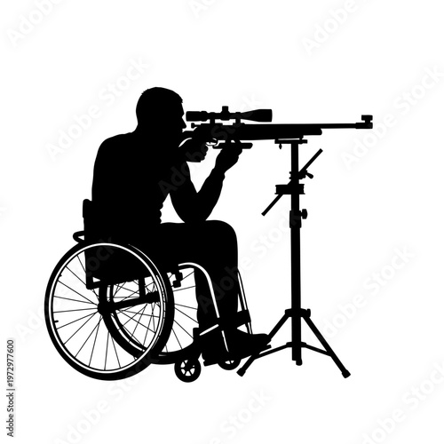Silhouette of a Wheelchair Shooting Athlete with Rifle and Stand, Target Precision