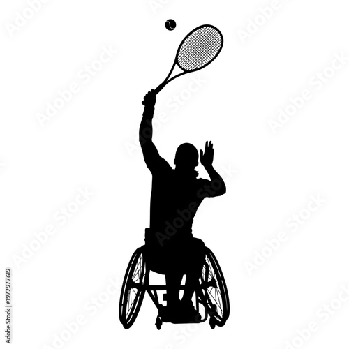 Silhouette of a Wheelchair Tennis Player Serving Ball, Dynamic Racket Sports Action