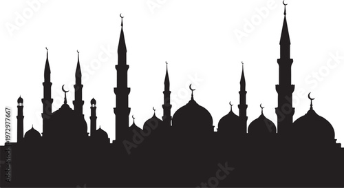 Black silhouette of mosque skyline with domes and minarets