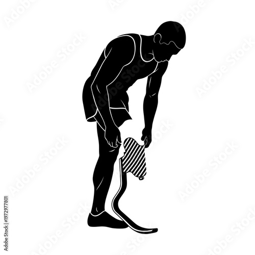 Silhouette of an Athlete Adjusting Carbon Fiber Blade, Prosthetic Sports Preparation