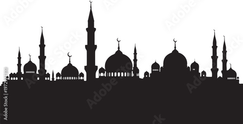Black silhouette of mosque skyline with domes and minarets