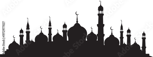 Black silhouette of mosque with domes and minarets on white background