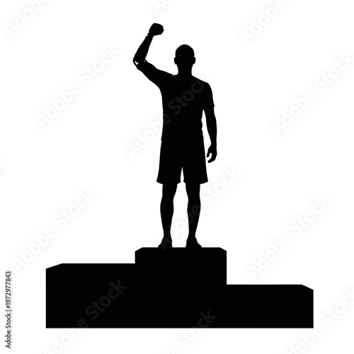 Silhouette of an Athlete with Prosthetic Arm at Podium, First Place Victory Celebration