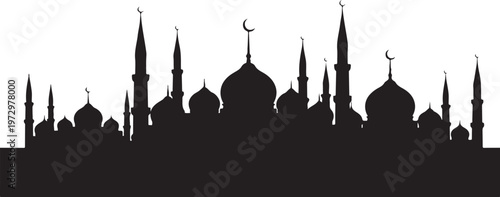 Black silhouette of mosque with domes and minarets on white background