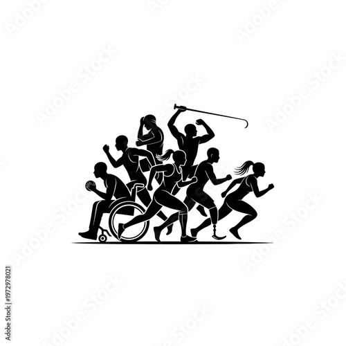 Silhouette of an Inclusive Athletics Logo Featuring Diverse Abilities, Unity Concept