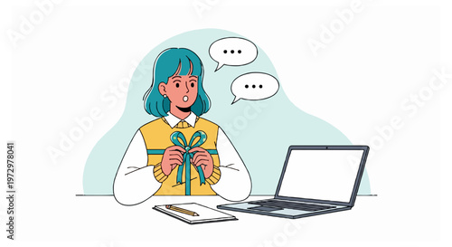 A girl with teal hair sits at a desk holding a teal bow while speech bubbles appear above her head in front of a laptop computer.