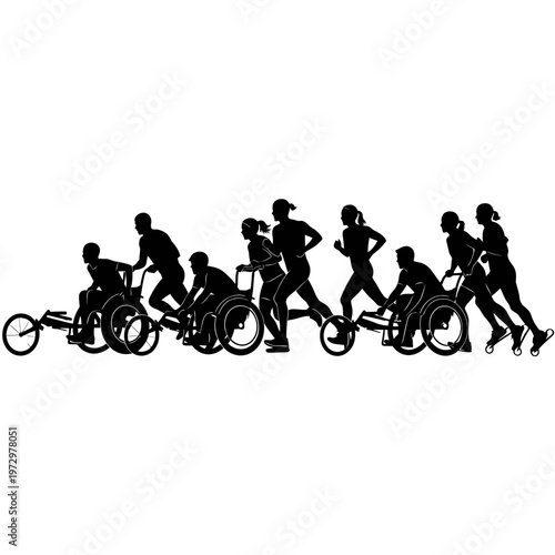 Silhouette of an Inclusive Marathon Group with Wheelchairs and Blades, Racing Event