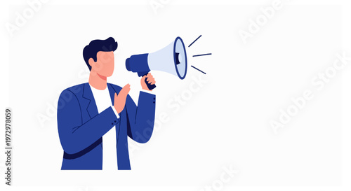 A male figure in a blue blazer and white shirt is shown from the side as he holds a blue megaphone to announce a message on white.