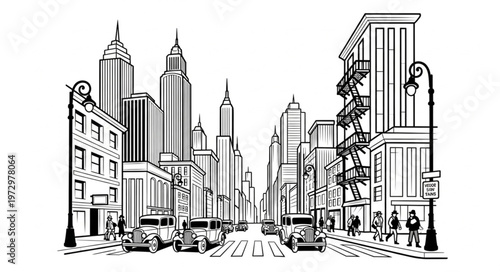 Vintage Cityscape Illustration with Classic Cars and Skyscrapers.