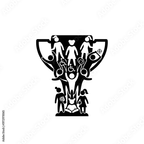 Silhouette of an Inclusive Sports Trophy Icon with Diverse Figures, Victory and Equity