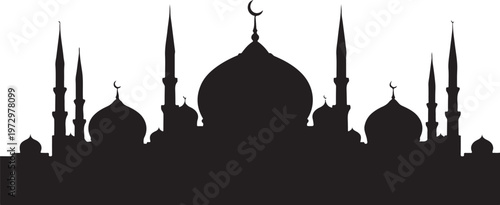 Black silhouette of mosque with domes and minarets