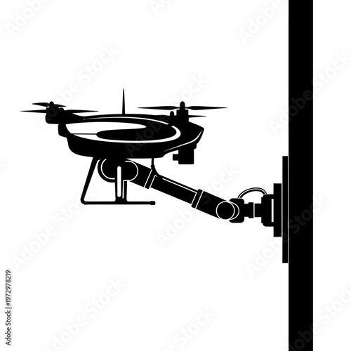 Silhouette of an Ultrasonic Thickness Gauge Drone on Steel Wall, Industrial Inspection