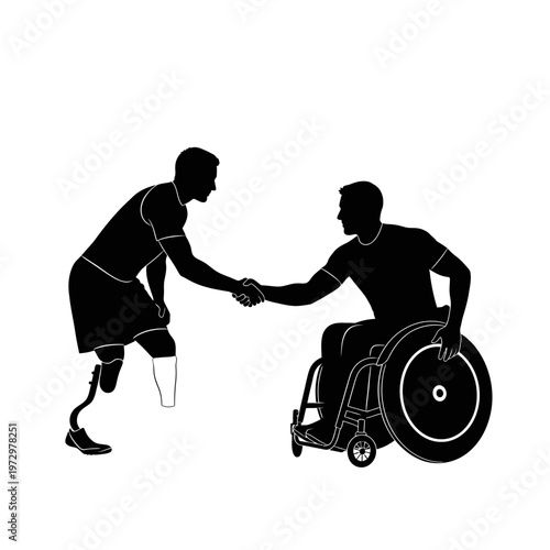 Silhouette of Two Para-Athletes Shaking Hands, Sportsmanship and Respect Concept