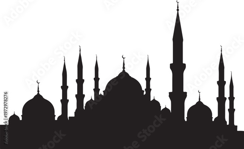 Black silhouette of mosque with minarets and domes