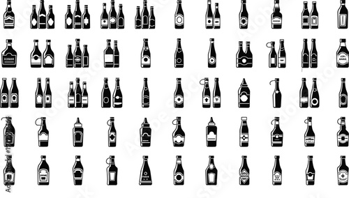 Condiment and Sauce Bottle Icon Set Featuring Various Sauce Containers for Food, Kitchen, and Cooking Designs