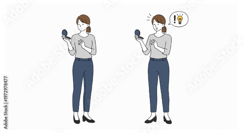 A woman in a grey shirt and navy trousers stands against a white background looking into a compact mirror and reacting to a yellow lightbulb.