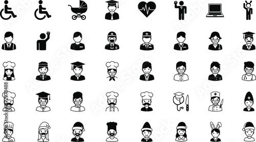 Occupation and People Icon Set Featuring Professionals, Healthcare Workers, Chefs, Students, and Various Occupations for Employment and Role Representation Designs