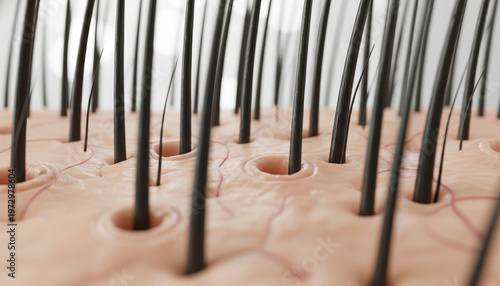 顕微鏡で見た頭皮と髪の毛の3DCGイラスト  毛穴が開いているイメージ 