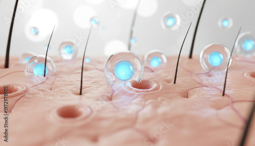 薄毛治療にヒト幹細胞培養液が頭皮に注入されるCGイラスト　顕微鏡で見た発毛や育毛イメージ