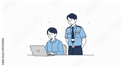 A man works on a laptop at a white desk while a uniformed security official with a lanyard stands behind him with hands clasped behind his back.