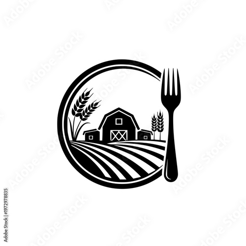 Fork encircling a rural farm scene with wheat and barn illustration