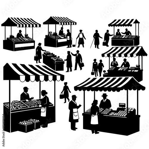 Vintage market scene with various stalls and shopkeepers