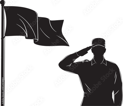 Black silhouette of soldier saluting next to flagpole