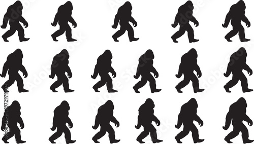 Bigfoot silhouettes walking in various poses and directions together