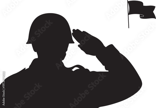 Black silhouette of soldier saluting with flag