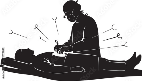 Black silhouette of surgeon operating on patient with tools