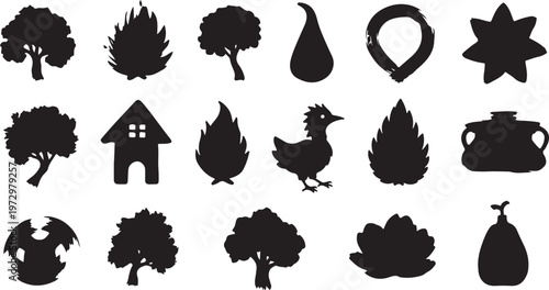 Black silhouettes of trees, animals, and household items collection