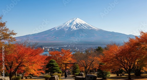 Majestic Mount Fuji with Autumn Foliage and Clear Skies.