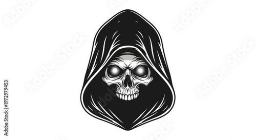 Grim Reaper Skull with Glowing Eyes in Hood