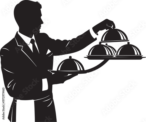 Black silhouette of waiter holding covered dishes on serving trays