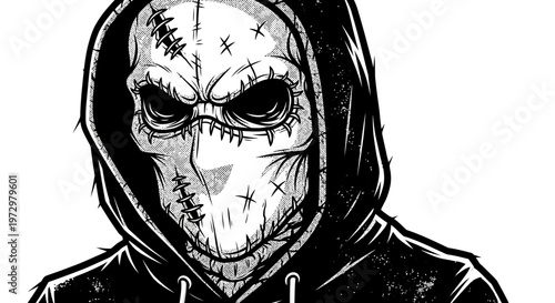 Scary masked man in hoodie, horror character, stitched face, dark illustration