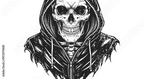 Scary Skeleton Grim Reaper in Hoodie, Tattered Clothes, Grunge Style
