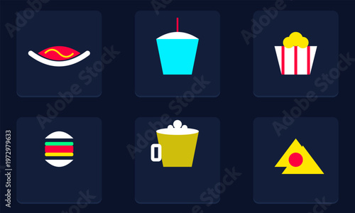 Hand-drawn colorful minimalist flat icons featuring delicious stadium concession snacks including hot dog popcorn soda burger authentic illustration