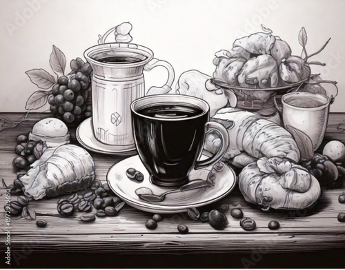 Still life of coffee and pastries on a wooden table.