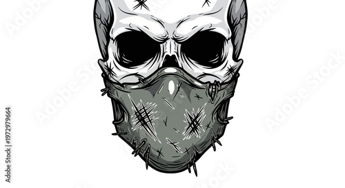 Scary skull with stitched mask, horror, grunge, dark art