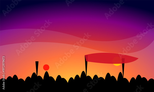 Hand-drawn vibrant purple sunset over a dark silhouette of a cheering crowd at a stadium event authentic illustration