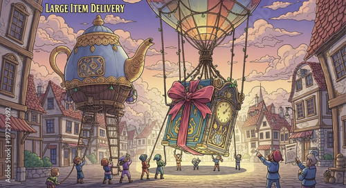 Schilderij op canvas Whimsical Delivery - A Giant Teapot and Balloon in Town.