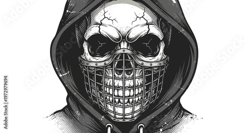 Skull in hoodie with metal mask, dark, grunge, horror