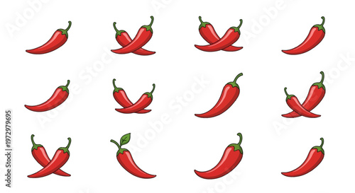 Set of red chili pepper icons featuring single peppers and crossed pairs in a cartoon vector style. Isolated flat food illustrations on white background for menu or cooking design.