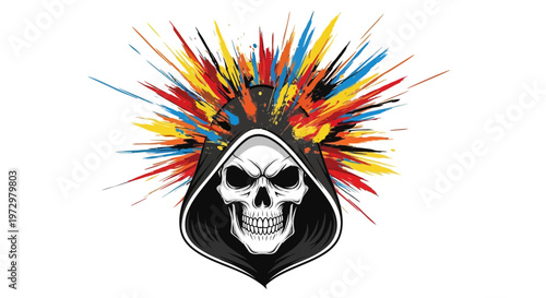 Skull with colorful explosion, Grim Reaper, abstract art, dark fantasy, death concept