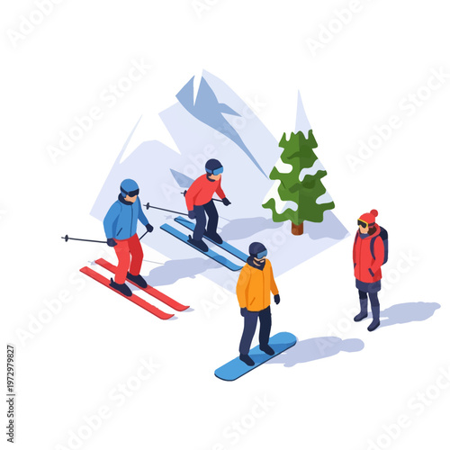 Isometric vector illustration of winter sports activities featuring downhill skiers, a snowboarder, and a tourist in gear at a snowy mountain resort with a pine tree.