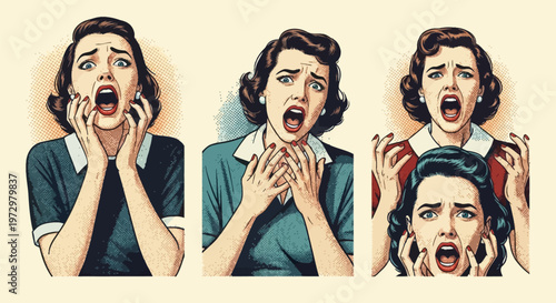 Set of three vintage 1950s style comic book illustrations featuring terrified women screaming in fear and horror, pop art aesthetic with halftone dots and retro dramatic expressions.